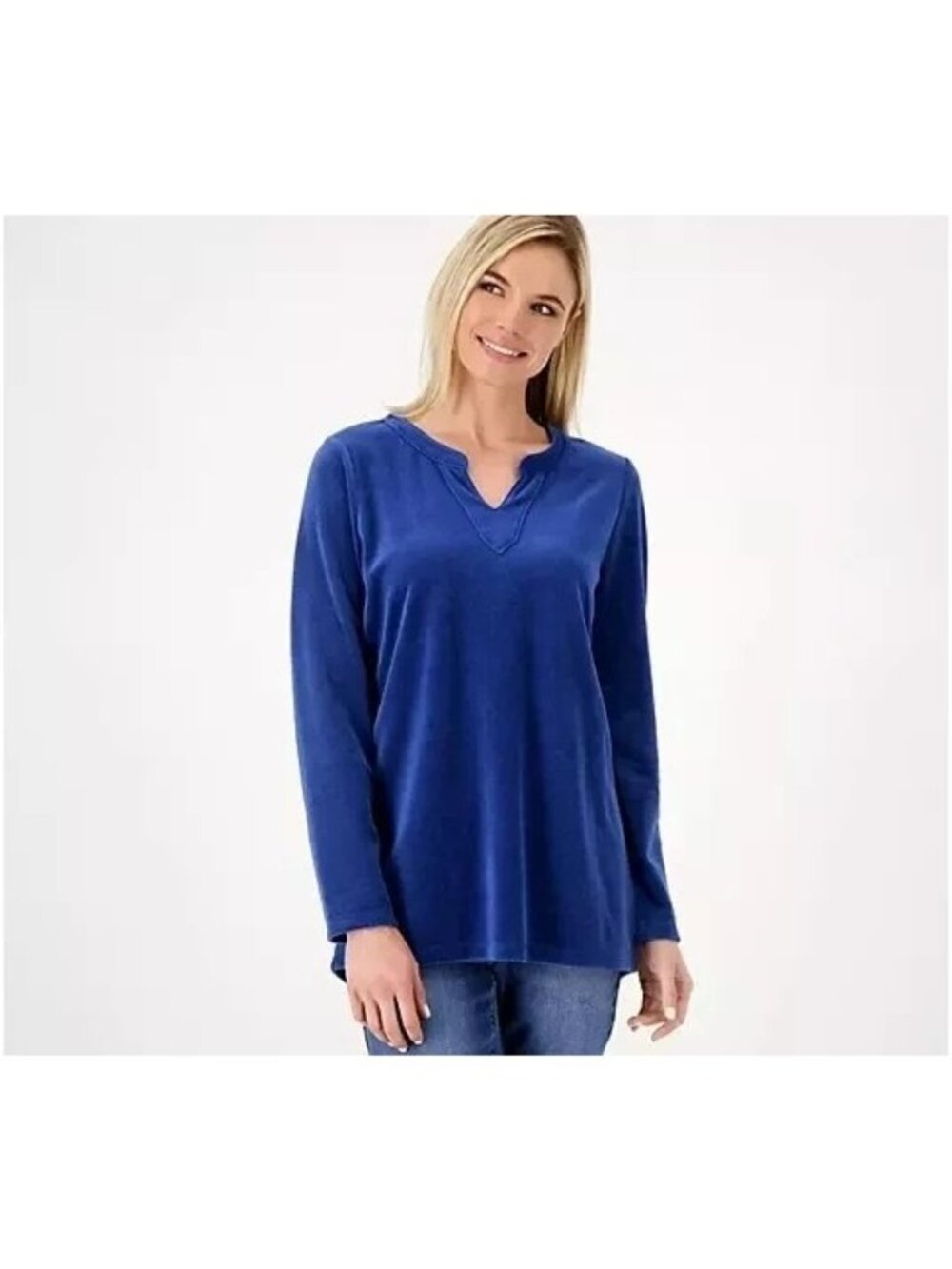 Denim and Co Tunic XS Regular Velour Split Banded V Neck Hi Low Cobalt Blue NEW